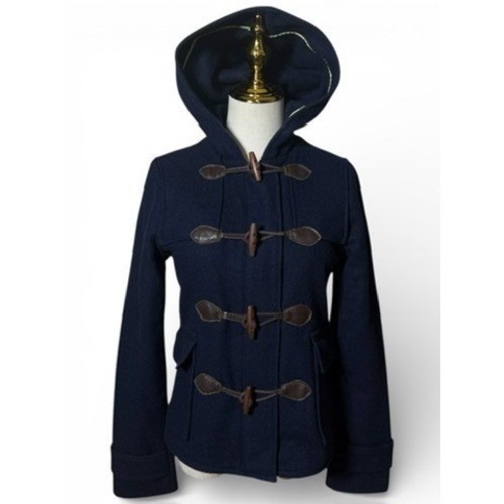 VTG Hollister Duffle Coat M Y2K Indie Hooded Prep Navy Wool Blend Toggle